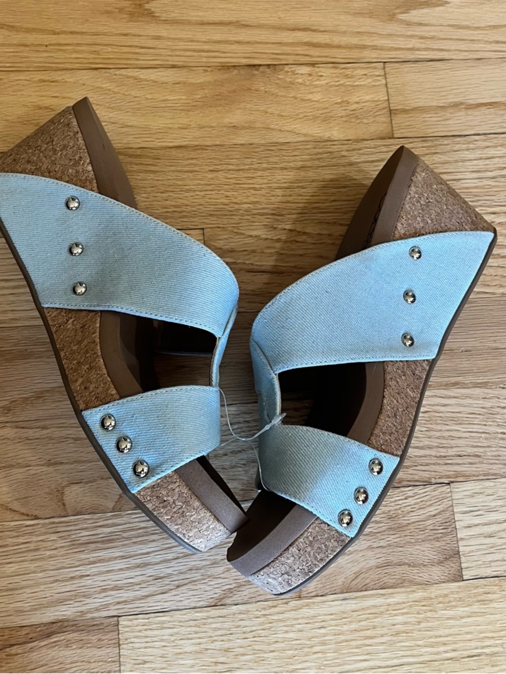 Corkys The Bonny Wedge Pale Blue Denim Crisscross Slide Sandals Women’s Size 10 - Picture 3 of 7